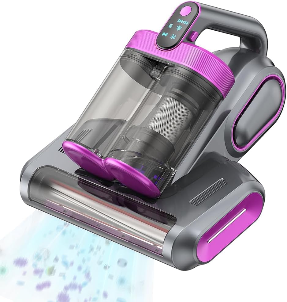 Anti Ácaro Aspirador de Pó Sem Fio 13kPa para Cama e Colchão, Luz UV-C + Ultrassônico, Coletor 0,52L