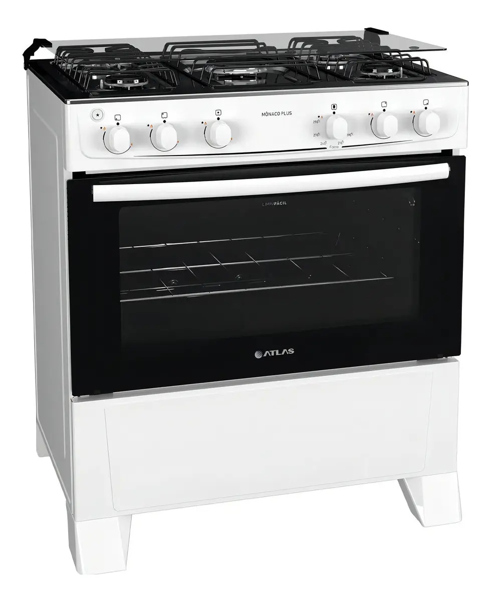 Fogão 5 Bocas Atlas Mônaco Plus Branco com Mesa Inox e Acendimento Automático Bivolt