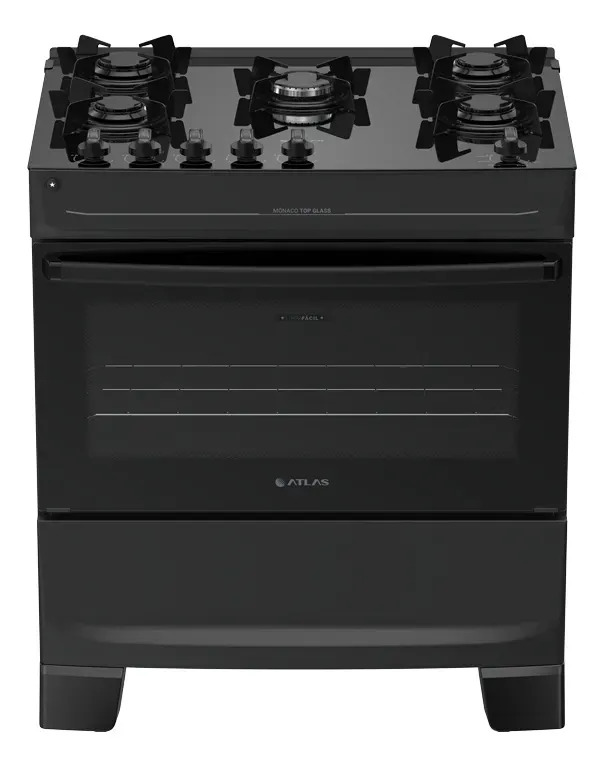 Fogão 5 Bocas Atlas Mônaco Top Glass Automático Mesa De Vidro Preto